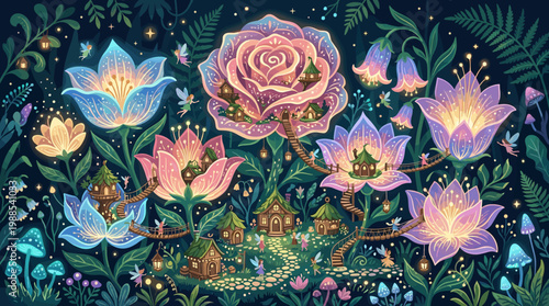 Whimsical vector illustration of an enchanted fairy forest at night, featuring glowing flowers, charming houses, and tiny fairies. Ideal for kids' designs.