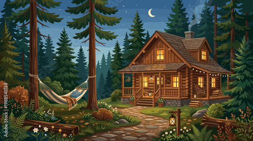 Warm vector illustration of a cozy log cabin in a serene pine forest at night. Features a hammock, glowing lights, and a moonlit sky, perfect for tranquil relaxation themes.