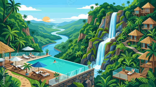 Lush tropical resort with an infinity pool, vibrant waterfall, and bungalows amidst serene jungle. Perfect for luxury vacation, travel, and serene escape concepts.