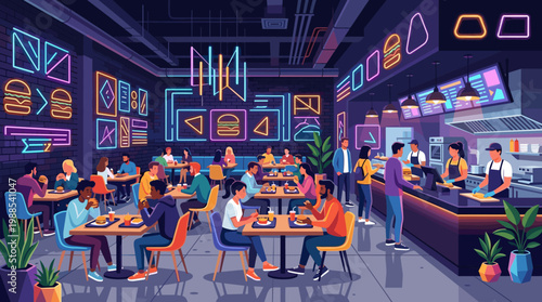Lively, diverse crowd enjoying fast food in a vibrant, modern restaurant with neon lights. Staff prepare orders, creating an energetic urban dining scene. Perfect for food, city life