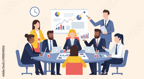 Diverse business professionals collaborate at a round table, presenting data and charts