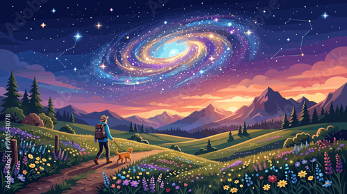 A vibrant vector illustration of a person and dog walking a path under a stunning galaxy sky, surrounded by colorful mountains and flowers.