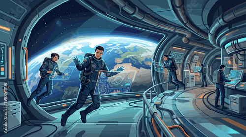 Diverse astronauts collaborate with advanced holographic tech inside a modern space station, orbiting Earth. Perfect for science, innovation, and global partnership visuals.