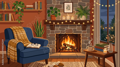 Cozy vector illustration of a hygge living room with a crackling fireplace, comfy armchair, bookshelves, and twinkling lights. Perfect for home decor, lifestyle, and relaxation themes.