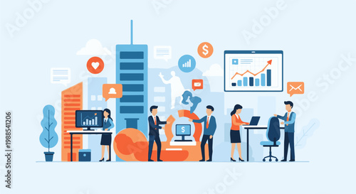 Colleagues collaborate in a modern office setting with city skyscrapers and digital icons in the background