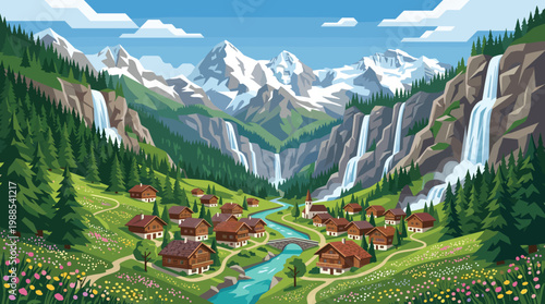Idyllic vector illustration of an Alpine village amidst majestic snow-capped mountains, cascading waterfalls, and a winding river. Perfect for travel, nature, and serene tourism themes.