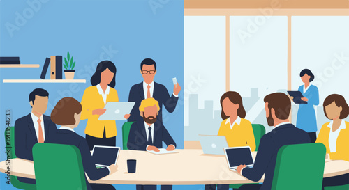 Diverse professionals collaborate in a modern office meeting, discussing ideas and using technology