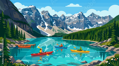 Vibrant vector illustration of kayakers enjoying a peaceful mountain lake surrounded by majestic peaks and a lush forest. Perfect for travel and outdoor recreation themes.