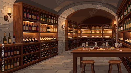 A warm, elegant vector illustration of a classic underground wine cellar. Perfect for winery promotions, luxury lifestyle, food and drink blogs, or event invitations.