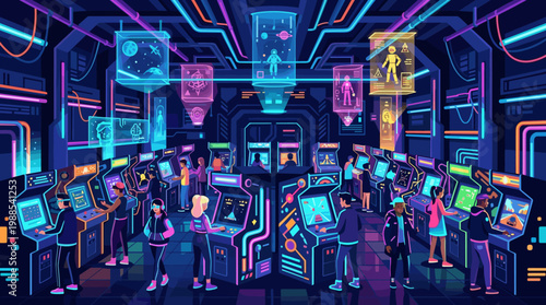 A vibrant, futuristic arcade filled with diverse people enjoying retro-style video games amidst glowing neon lights and holographic displays. Perfect for tech, entertainment, or nightlife themes.