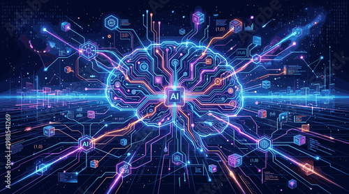 Futuristic AI brain powering digital connections across a cybernetic cityscape. Represents intelligence, innovation, and machine learning for technology concepts.