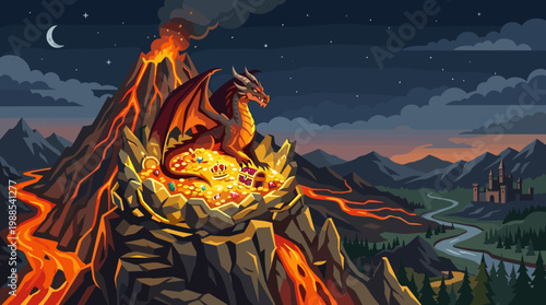 A majestic dragon guards a mountain of treasure and lava under a starry night sky. A distant castle in a fantasy landscape. Perfect for games, books, and mythical themes.