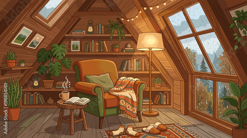 Hygge-inspired attic vector. A warm, cozy reading nook with a comfy armchair, books, plants, and glowing lights, perfect for a relaxing rainy day.