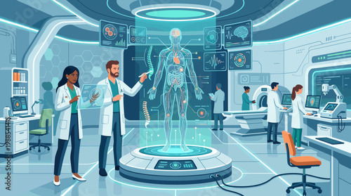 Healthcare professionals analyze holographic human anatomy in a modern, futuristic medical research lab with advanced technology. Innovation and scientific discovery.