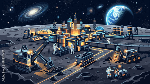 Futuristic moon base, astronauts mining and constructing on lunar surface. Space exploration, innovation, and future technology vector with Earth and galaxy views.