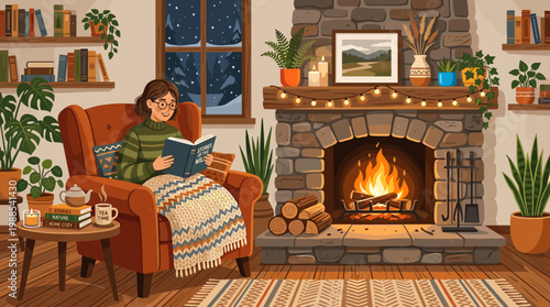 A woman reads by a cozy fireplace in a warm, peaceful winter evening scene. Perfect for lifestyle, relaxation, hygge, and home decor themes.