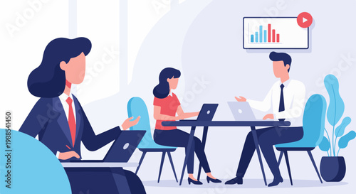 Diverse professionals collaborate in a modern office setting, discussing data on screens