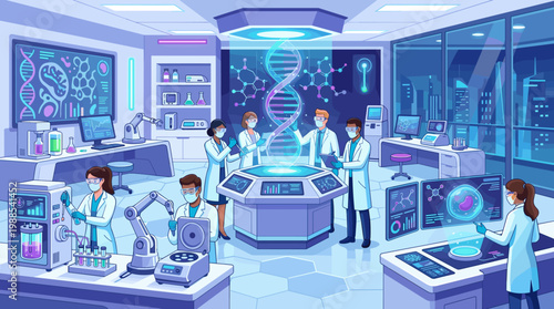 Dynamic vector illustration of diverse scientists collaborating in a futuristic genetic research laboratory. Ideal for science, tech, medical, and innovation themes.