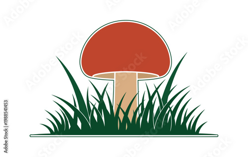 Mushroom with red cap and green grass on white background illustration