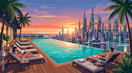Vector illustration of a rooftop infinity pool overlooking a futuristic cityscape at sunset. Relaxing urban luxury travel concept. Idyllic, modern, serene.