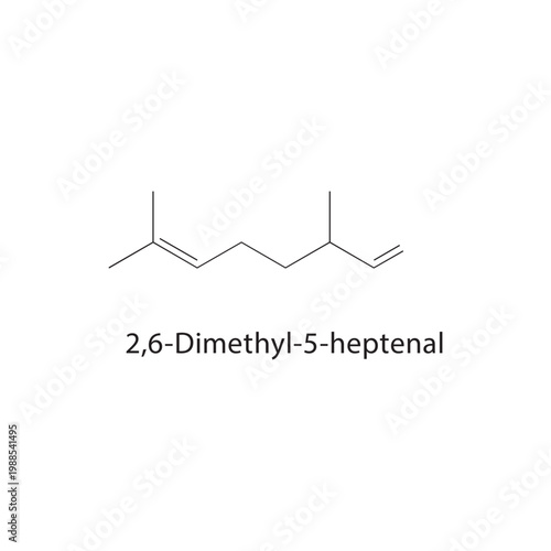 2,6-Dimethyl-5-heptenal skeletal structure. aldehyde compound schematic illustration. Simple diagram, chemical formula.