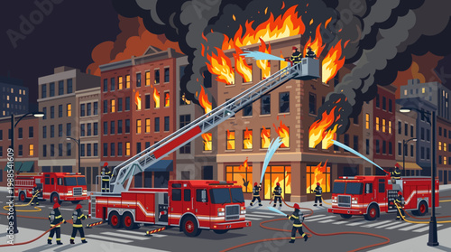 Vector illustration of firefighters heroically battling a fierce building fire in a city at night. Depicts emergency response, fire trucks, and action. Urgent and dramatic.