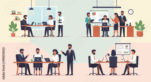 Diverse professionals collaborate and present in modern office settings, fostering teamwork and productivity