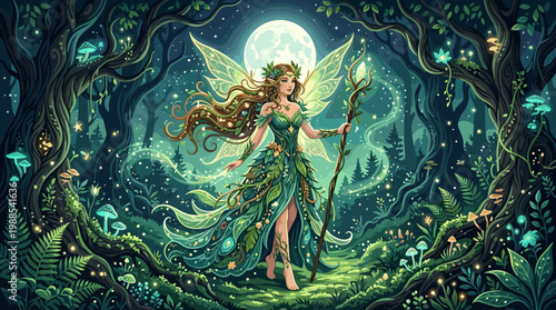 A mystical fairy with glowing wings and a leaf dress stands in an enchanted forest under a full moon, surrounded by bioluminescent plants and magic. Ideal for fantasy, nature, or whimsical designs.