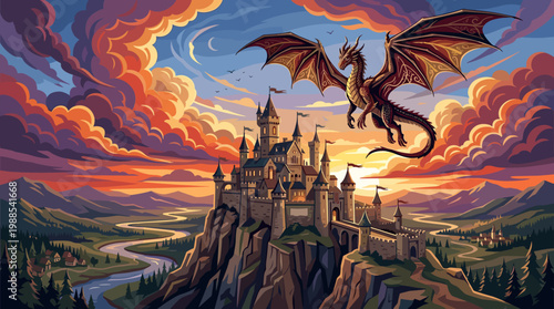 Epic fantasy vector art of a majestic castle atop a cliff, with a soaring dragon over a scenic river valley at sunset, evoking adventure and magic.