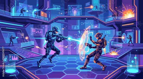 Dynamic vector illustration of an intense virtual reality battle. Futuristic soldiers engage in laser combat within a glowing, high-tech metaverse arena. Ideal for gaming concepts.