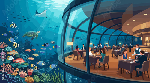Experience exclusive fine dining at a unique underwater restaurant, offering stunning panoramic views of vibrant coral reefs and exotic marine life. Ideal for luxury travel promotions.