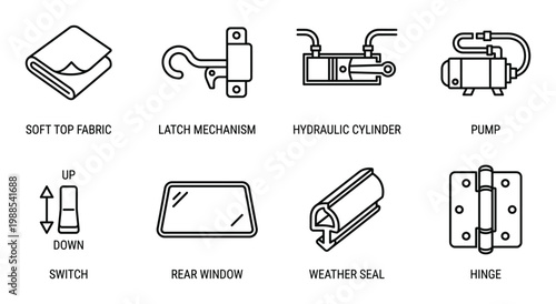 Convertible top components line icons car roof parts for vehicle repair service