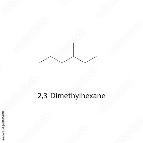 2,3-Dimethylhexane skeletal structure. alkane compound schematic illustration. Simple diagram, chemical formula.