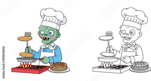 Zombie Chef Cooking Pancakes 2026 Coloring Page Set, Funny Halloween Culinary Vector Illustration for Kids Activity Sheet