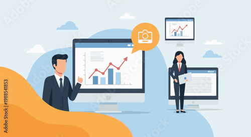 Colleagues analyzing financial growth charts on computer screens in an office