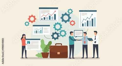 Colleagues collaborating on business growth using charts and gears