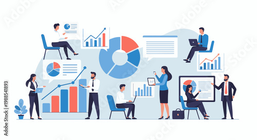Team of professionals analyzing data and charts, presenting business growth and strategy