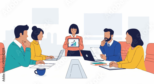 Diverse team in a meeting, presenting data on a tablet