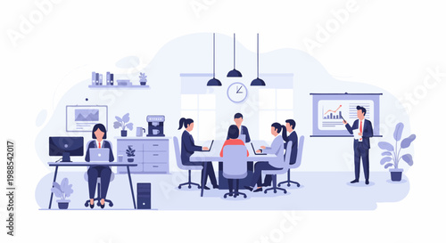 Business meeting with presentation and collaboration around a table and a desk