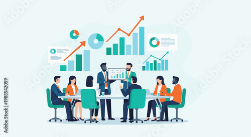 Colleagues collaborate around a table, discussing business charts, graphs, and data