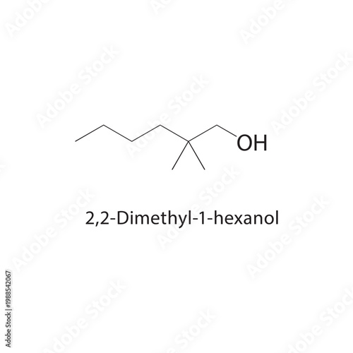 2,2-Dimethyl-1-hexanol skeletal structure. alcohol compound schematic illustration. Simple diagram, chemical formula.