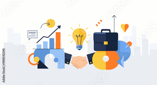 Business deal with a handshake, idea lightbulb, briefcase, and upward trending graph