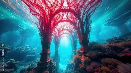 mystical underwater cave with glowing light beams