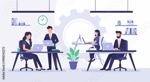 Diverse professionals collaborate and work diligently at computers in a modern office space