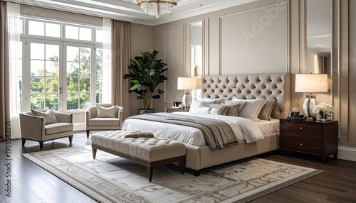 Elegant Bedroom Interior with Natural Light and Luxurious Furnishings.