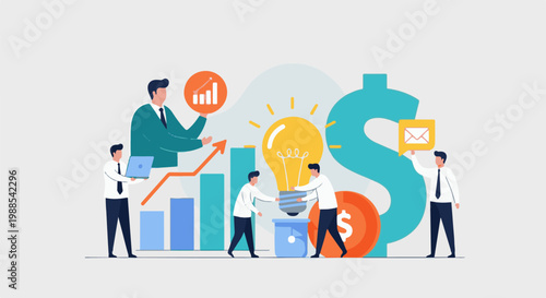 Colleagues collaborate on a lightbulb idea, surrounded by financial symbols and growth charts