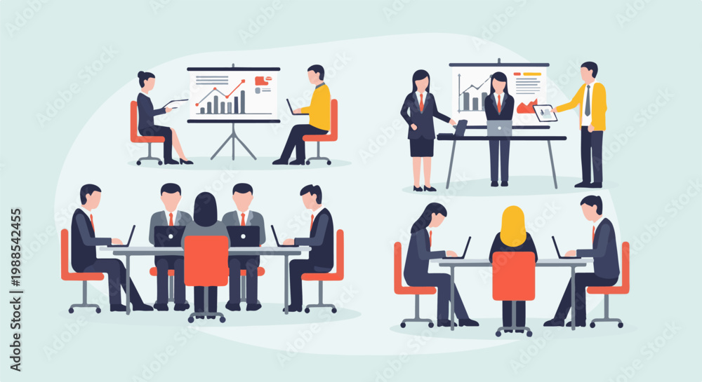 Fototapeta premium Business meeting and presentation with data charts, laptops, and professionals