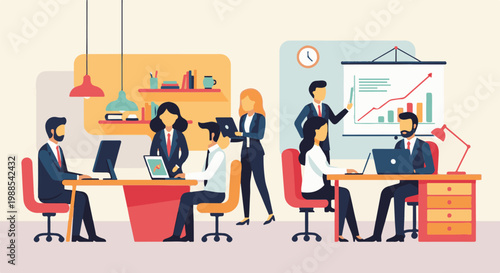 Professionals collaborate in a modern office, presenting data and working on laptops at desks