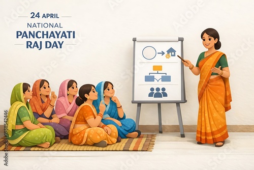 A woman in a sari teaches other women in a classroom on National Panchayati Raj Day
