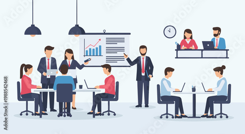 Office meeting with presentation, team collaboration, and individual work